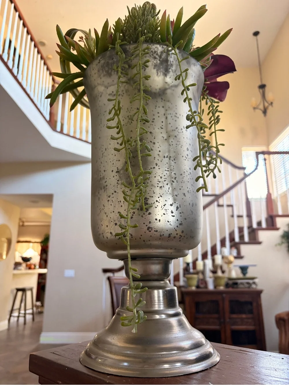 Metallic Silver Decorative Urn Vase with Green Succulent Accents